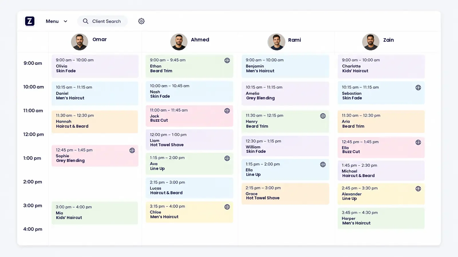 Zolmi barbershop calendar showing barber schedules, appointments and online bookings in Canada.
