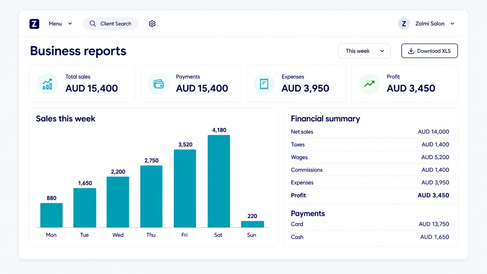Salon business report showing revenue, payments, profit, and monthly figures in CAD.