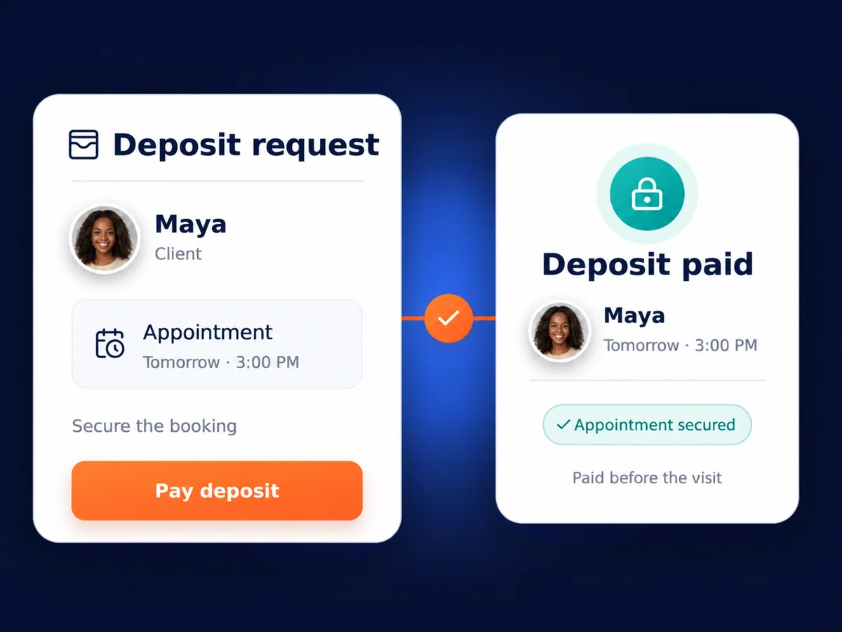 Salon deposit request and confirmation showing that an appointment is secured after payment.