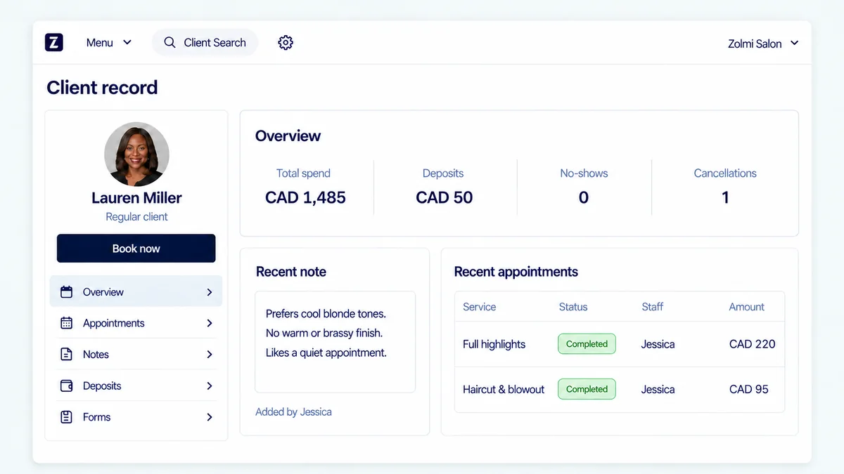 Salon client record showing appointment history, notes, and client overview.