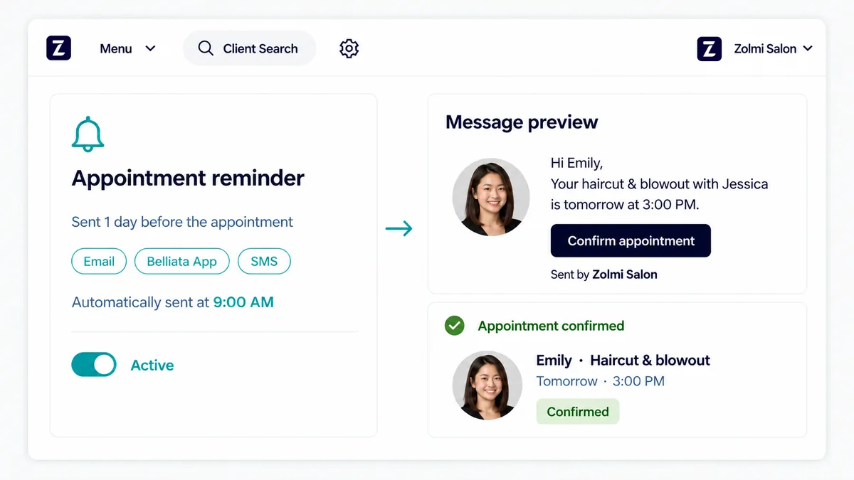 Salon appointment reminder settings and a preview of an appointment confirmation message.