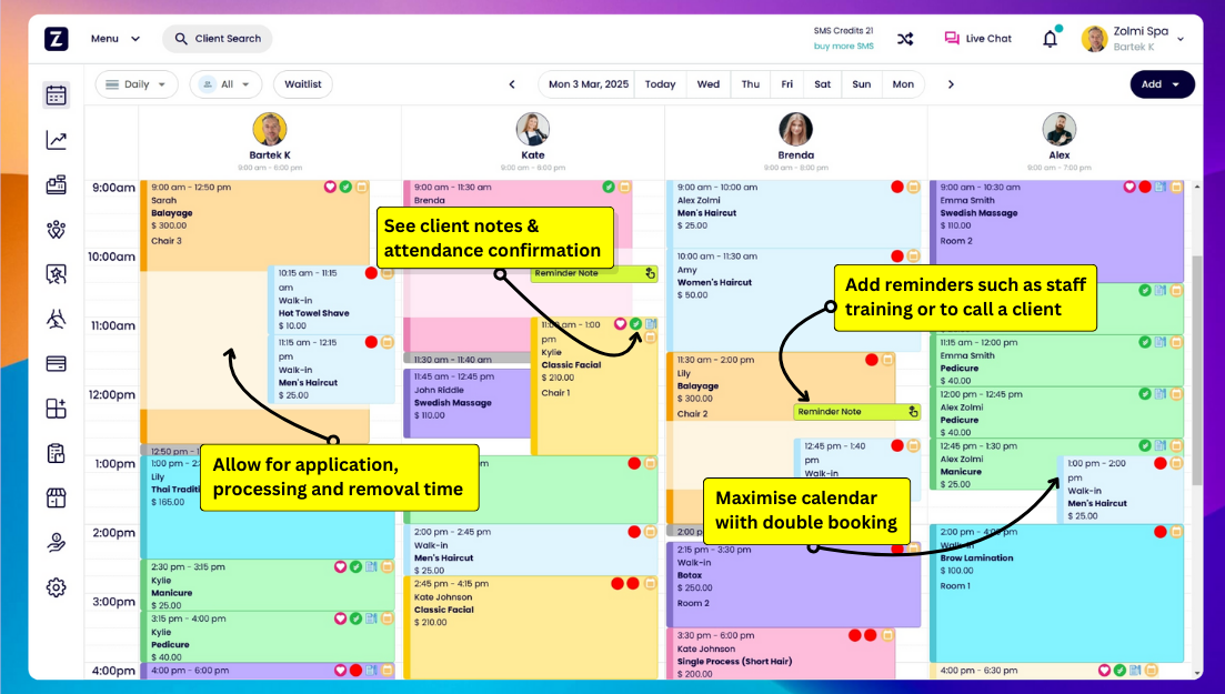 Spa scheduling interface